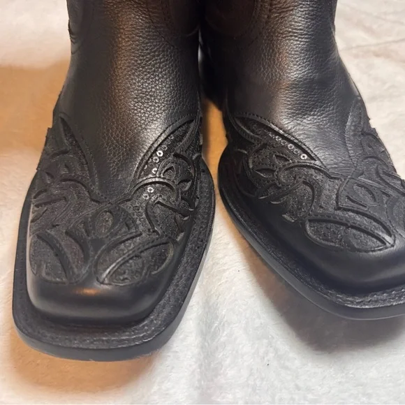 JB Dillion Black Leather & Sequin Cowboy Boots Size 7 1/2 (7.5) Never Worn. - Picture 3 of 9